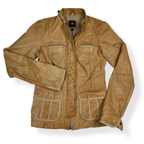 Vintage Gap Edition Leather Jacket Women's XS‎ Camel Tan Blazer Cafe Racer Moto - Picture 1 of 14